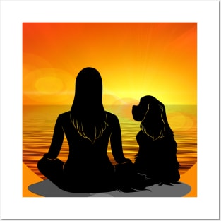 Cavalier King Charles Spaniel Beach Sunset Silhouette Posters and Art